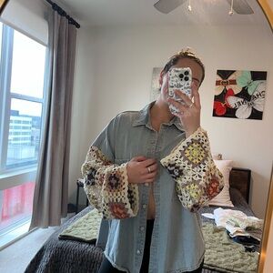 POL Denim jacket Top with Crochet granny square Sleeves